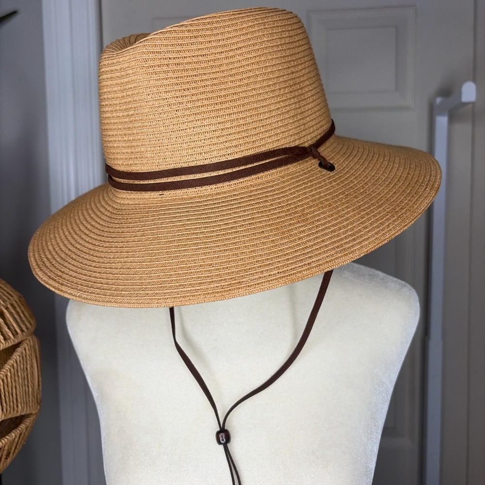 FurTalk Tan Paper Straw Sun Hat with Brown Band M/L